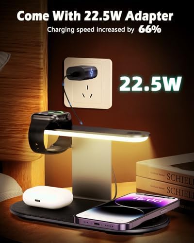 4-in-1 Wireless Charging Station with Adjustable LED Night Light – Fast Charging Dock for i Phone 12-16, Apple Watch Series 1-8/Ultra & Air Pods – Enhanced Safety Features, Seamless Magnetic Alignment, and Premium Metal Design for Home or Office Use