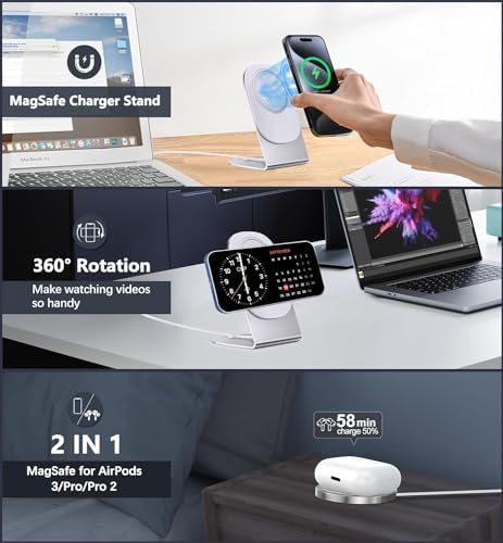 Magnetic Wireless Charger for i Phone 15/14/13/12 Series – Versatile Mag Safe Charging Stand with Dual Ports & 5 ft Cable for i Phone and Air Pods 2/3/Pro (Adapter Not Included) – Enhanced Speed & Seamless Compatibility for Effortless Power Solutions
