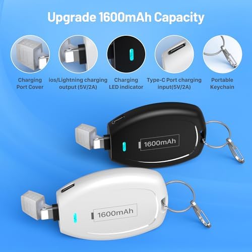 Compact Keychain Power Bank Duo: 1600 m Ah Emergency Charger for i Phone 8, 11, 12, 14 & Air Pods – Ultra-Portable Mini External Battery Pack in Stylish Blue & Pink – Fast Charging & Enhanced Compatibility for On-the-Go Power Solutions