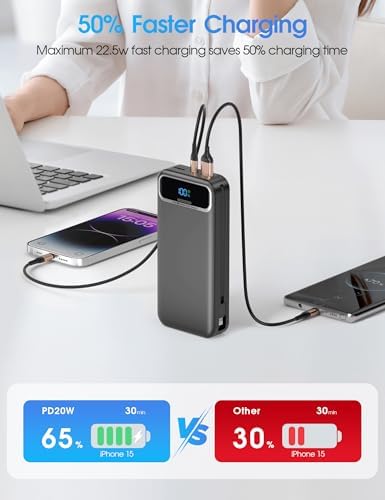 Ultra-Compact 12000 m Ah Power Bank with Built-in Charging Cables & AC Plug – 20 W PD Fast Charging for i Phone, Samsung, Android, USB-C Devices – Travel-Friendly External Battery Pack in Purple – Unmatched Portability and Efficiency for On-the-Go Charging Solutions