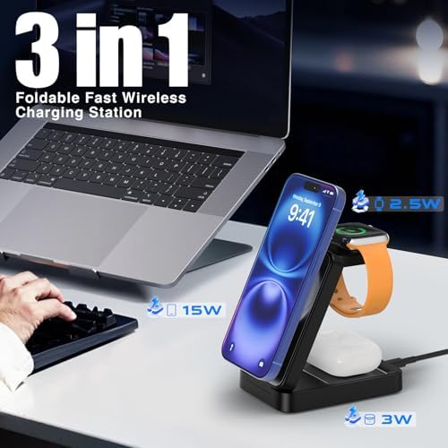 Portable 3-in-1 Wireless Charging Station for Apple Devices – Ultimate Magnetic Charger for i Phone 16/15/14/13/12/11 Pro Max, Air Pods, and Apple Watch – Fast, Foldable Design with Enhanced Compatibility and Safety Features for Home and Office Use