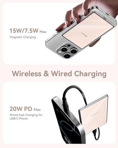 Ultra-Slim Kuulaa Mag Safe Battery Pack 5000 m Ah – Magnetic Portable Charger for i Phone 12-16 Pro Max with USB-C PD 20 W Fast Charging, Elegant Titanium Finish for On-the-Go Power Solutions