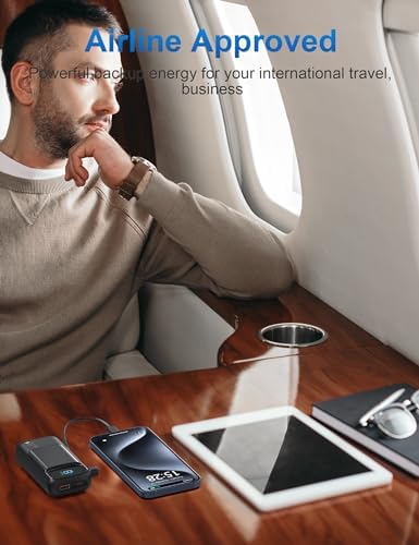 Compact 10,000 m Ah Fast Charging Power Bank with Built-In USB-C Cable for i Phone 16/15, Mac Book, Galaxy, and i Pad – Ultimate Travel Battery Pack for On-the-Go Charging Needs