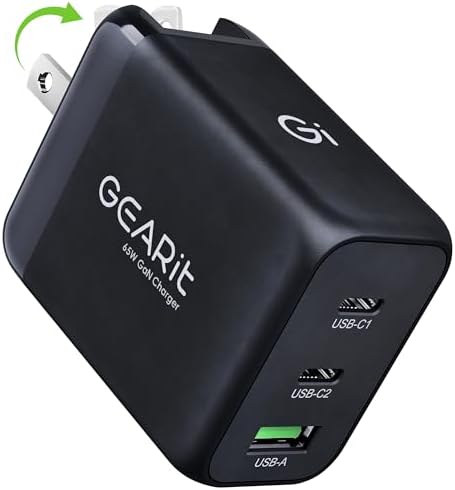 Power Up Your Devices Efficiently with the GEARit 65 W Ga N USB-C Triple-Port Fast Charger – PD 3.0 Wall Adapter for Seamless Charging of Apple, Samsung, Google, and Dell Devices – Compact, Lightweight Design with Superior Safety Features for Fast Multi-Device Power Delivery