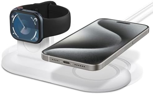 Spigen Mag Fit Duo: Dual Mag Safe Charger Stand for i Phone 16/15/14/13/12, Apple Watch & Air Pods – Fast Charging Pad in Sleek White Finish for Enhanced Device Compatibility and Efficiency