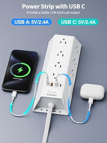 15 FT Surge Protector Power Strip with 12 AC Outlets & 4 USB Ports (2 USB-C) – Versatile Flat Plug Extension Cord for Home & Office, Wall Mountable Charging Station for Efficient Device Management and Enhanced Safety