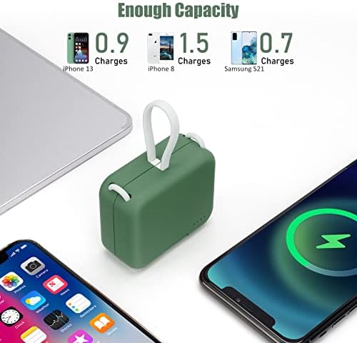 Ultra-Compact 4000 m Ah Power Bank with Built-in Cable – Fast Charging Portable Charger for i Phone, Samsung, Google Devices – Stylish Green Mini External Battery Pack for On-the-Go Connectivity and Convenience