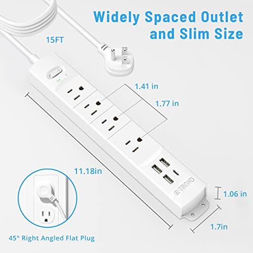 Ultra-Slim TROND Surge Protector Power Strip with 3 USB Ports & Type C – 4 AC Outlets for Maximum Device Protection & Charging Speed – 1440 J Surge Defense, ETL Listed, Space-Saving Wall Mount Design for Home Office & Dorm Use – Versatile Power Management Solution in Elegant Black