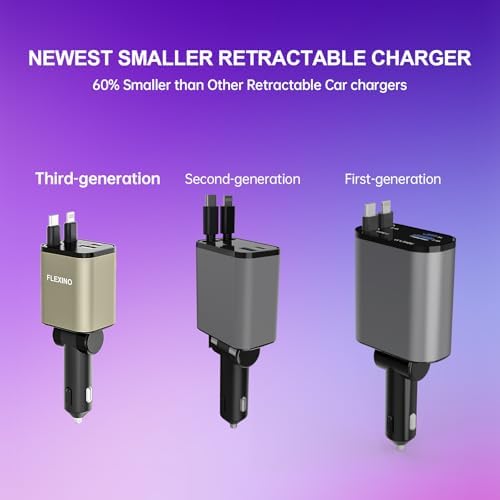 Premium Flexino Compact Retractable Car Charger for i Phone 16 – 69 W Fast Charging with Dual 2.6 ft USB C Cords | Efficient Power Adapter Compatible with i Phone 16/15/14/13/12 Series & Galaxy Devices | Sleek Grey Design for Ultimate Portability and Reduced Cable Clutter