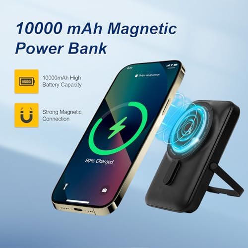 Magnetic Wireless Power Bank 10,000 m Ah with Foldable Stand: Fast Charging Battery Pack for i Phone 12-16 Series – Compact Travel Essential with LED Display and Enhanced Compatibility for Business and Leisure Use