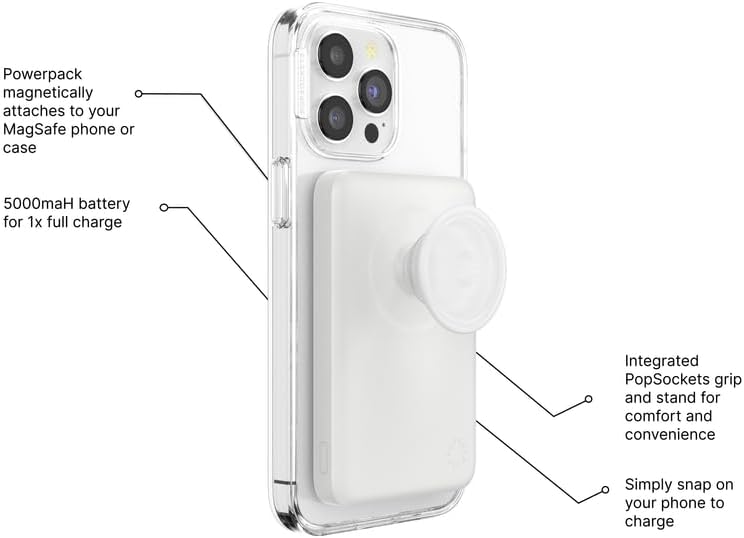 Mag Safe-Compatible Pop Sockets Power Pack: 5000 m Ah Portable Phone Charger for i Phone 12/13/14/15/16 Pro/Pro Max/Plus – Effortless Magnetic Wireless Power Bank in Sleek White for Fast Charging on the Go