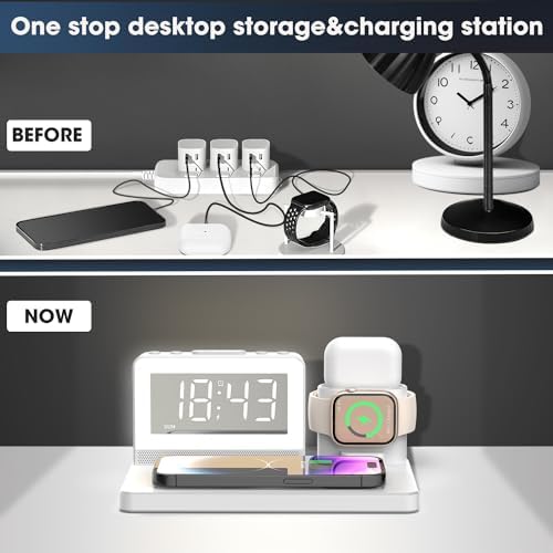 Revolutionize Your Charging Routine with the 7-in-1 Wireless Fast Charging Station – All-in-One Alarm Clock Dock for i Phone, Samsung Galaxy, Apple Watch & Air Pods – Enhanced Speed, Sleek Design, and Safety Features for Ultimate Convenience