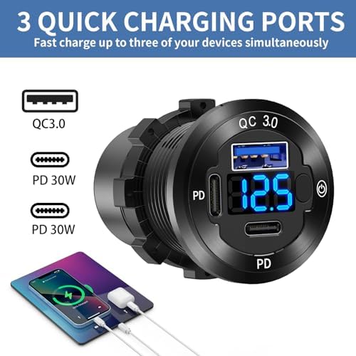 12 V USB Car Charger with 3 Ports – Waterproof Marine Fast Charging Socket for Boats, RVs, Golf Carts, Motorcycles & Trucks – Durable Aluminum Design with Integrated Voltmeter & Switch for Enhanced Safety and Convenience