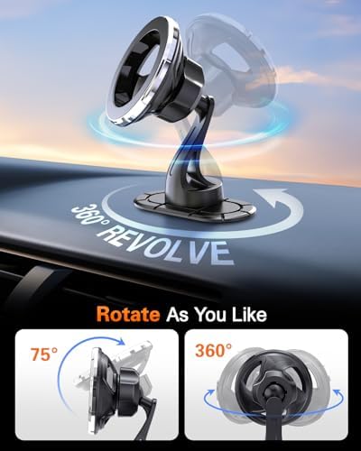 Experience Unmatched Convenience with VOLPORT Magnetic Adhesive Phone Mount – 360° Rotating Mag Safe Car Holder for i Phone & Samsung – Secure Dashboard Cradle with Powerful Magnetic Grip & Easy Installation via 3 M Sticky Base – Ideal for Hands-Free Navigation and Communication
