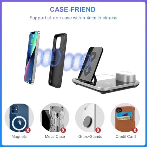 4-in-1 Wireless Charging Station with Ambient Light – Fast Qi-Compatible Charger for i Phone 15, 14, 13, 12, 11 Pro Max, XR, XS, Perfect Foldable Charging Stand for Apple Devices and Travel Convenience