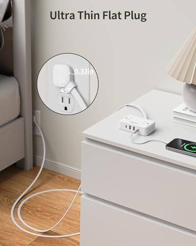 Ultra Slim 6 Ft Flat Plug Extension Cord – Travel-Friendly Power Strip with 4 Wide-Spaced AC Outlets & 4 USB Ports (2 USB-C) for Fast Charging – Ideal for Cruise Ships, Home & Office Use, No Surge Protection Required