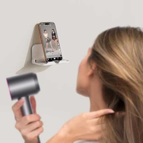 pzoz Wall Mount Cell Phone Holder for Outlet, Foldable Cellphone Stand for Mirror Bathroom Shelf Shower Bedroom Kitchen or Dorm Charging, Compatible with iPhone iPad or Tablet (White) – Enhanced Compatibility and Speed