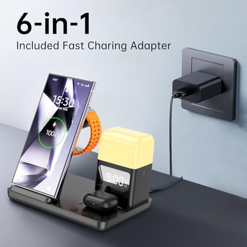 Revolutionize Your Charging Experience with the 6 in 1 Wireless Charging Station for Samsung and Android – Featuring Integrated Alarm Clock and Adjustable Night Light, Compatible with Galaxy S25, S24, S23 Ultra, Galaxy Watch Ultra 7-4, and Buds3 Pro – Fast Charge, Compact Design, Ideal for Streamlined Bedside or Office Setup