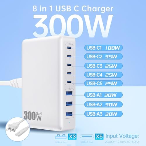 High-Power 300 W USB C Charging Hub – 8-Port Ga N III Fast Charger for Mac Book Pro, Dell, i Phone 16/15/14, Galaxy S23/22 – Ultimate Multi-Device Charging Station for Home and Travel with PD Compatibility