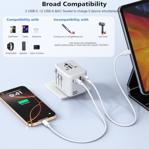 Ultimate 2 Pack Compact Dual USB-C Travel Adapter with 3 FT Type C Cable – Universal Power Converter for Effortless Global Charging in 224 Countries – Lightweight, Portable Solution for Modern Travelers