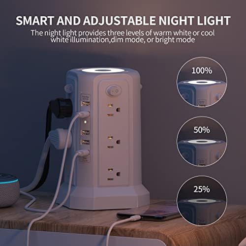 PASSUS Surge Protector Power Strip Tower with 12 AC Outlets and 5 High-Speed USB Ports – 10 FT Extension Cord with Overload Protection and Built-In Night Light for Home Office and Dorm Room – Sleek Black Design for Ultimate Charging Efficiency