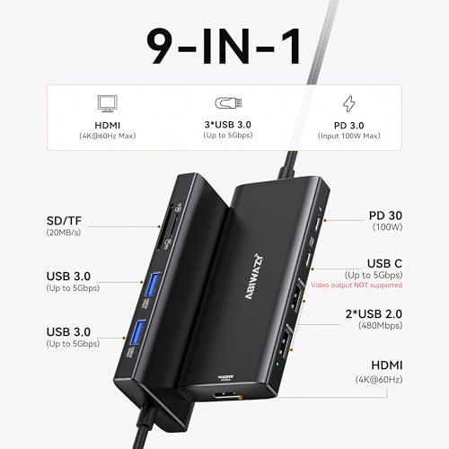 Transform Your Workspace with the Ultimate 9-in-1 USB C Hub Multiport Adapter for Mac Book Pro & Air – High-Speed 4 K HDMI Output, 100 W Power Delivery, and Effortless Connectivity for i Pad Pro, i Mac, and More – Enhance Productivity with 5 USB Ports and SD/TF Card Reader for Seamless Data Transfer and File Access