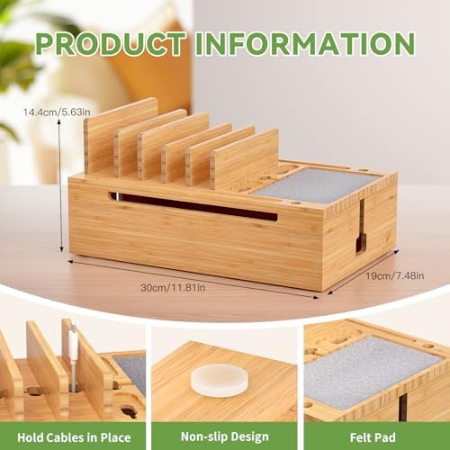 Pezin & Hulin Eco-Friendly Bamboo Charging Station – 10-Port USB Dock Organizer with 6 Cables, Enhanced Power Supply & Cable Management for Multi-Device Charging, Sleek Natural and Black Design for Homes and Offices