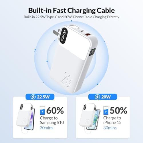 High-Capacity 20000 m Ah Portable Charger with Built-in Cables & Fast 22.5 W Charging – Multi-Device Travel Power Bank with LED Display, 4 Outputs for i Phone 16/15/14/13, Samsung, Android, i Pad – Ultimate Convenience in Sleek Black