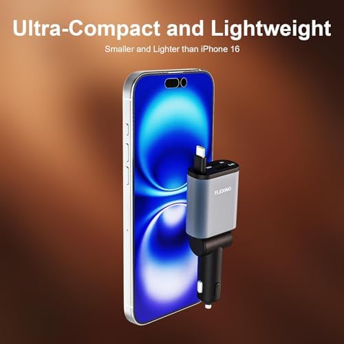 Ultra-Slim Flexino Retractable Car Charger – 57 W Fast Charge for i Phone 16/15, Galaxy, Pixel – Dual USB-C Ports for Concurrent Charging – Compact & Tangle-Free Design – Essential Travel Accessory for Seamless Connectivity