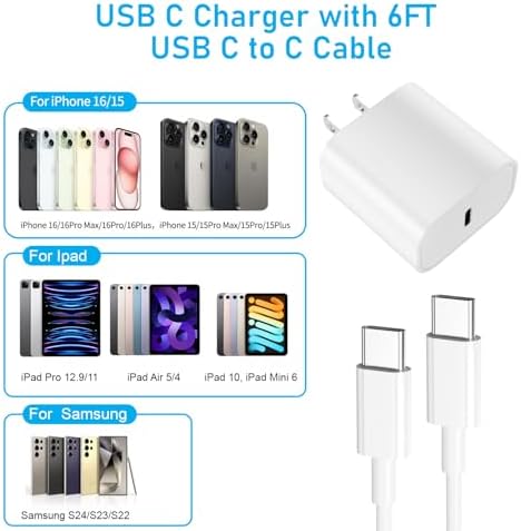 Rapid Charge Trio: 20 W USB-C Wall Charger Set with 6 FT Cables for i Phone 14 & More – Ultimate Performance for Fast Power Delivery and Versatile Device Compatibility
