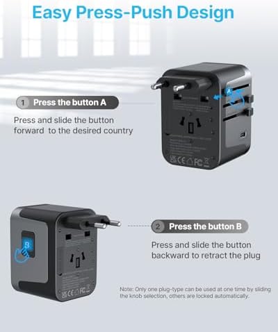 VINTAR Universal Travel Adapter: All-in-One Power Converter with 6 A Output, 3 USB-C and 2 USB Ports for Fast Global Charging Across Europe, UK, USA, and Australia – Essential Travel Accessory for Effortless Device Connectivity and Safety Features