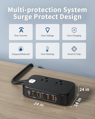 Ultimate 7-in-1 Power Strip with 65 W Ga N Technology | Flat Plug Design for Space-Saving | 3 USB-C & 2 USB-A Ports for Rapid Charging | 2500 W AC Outlet for Home, Office, College & Travel | Versatile Surge Protector for All Devices
