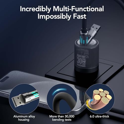 4-in-1 Universal Multi USB Charging Cable – 240W Max Fast Charger Cord with Multiple Connectors for iPhone 16/15/14/13, iPad, Samsung, MacBook, Tablets & More (Black, 6.6Ft) – Enhanced Compatibility and Speed
