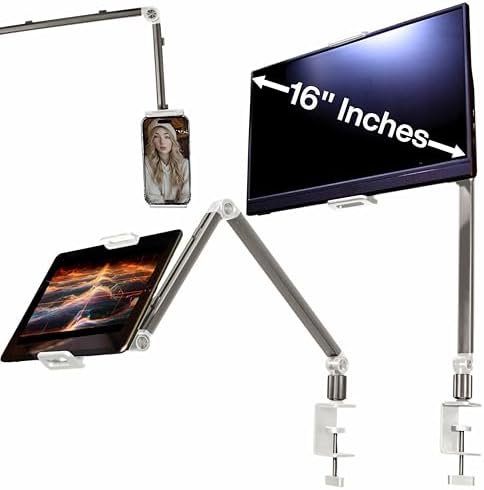 Aluminum Phone and Tablet Stand- Adjustable 360° Rotation, Cable Management, Stable Base, Black – Fits 16″ Portable Monitors, iPads, iPhones. Hands-Free Use for Desk, Office, or Home – Enhanced Compatibility and Speed