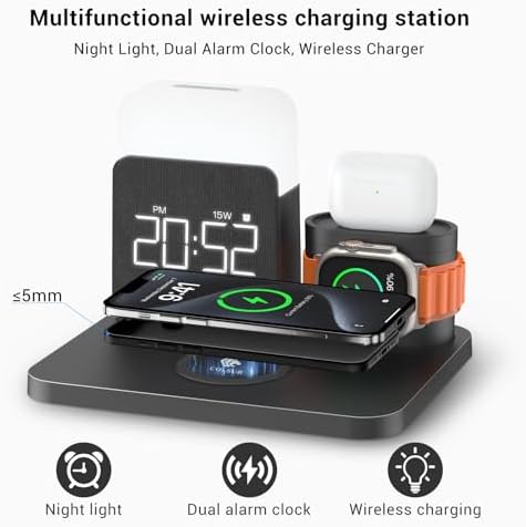Ultimate 7-in-1 Wireless Charging Station: Multifunctional Dock with Alarm Clock & Night Light for i Phone 12-16 Pro Max & Apple Watch – Enhanced Compatibility & Rapid Charging for Air Pods and More