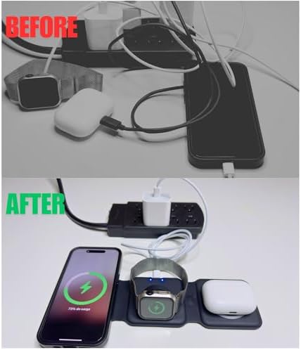 Ultimate 3-in-1 Foldable Wireless Charging Station – Compact Travel Charger for i Phone 16/15/14/13/12 Pro Max, Apple Watch Series 10/9/8/7/6/5/4/3/2/1, and Air Pods Pro 2/1 – Maximize Space and Efficiency for On-the-Go Charging Solutions