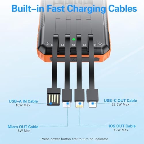 High-Capacity Solar Power Bank with 52800 m Ah – Fast Wireless Charger Featuring 4 Built-In Cables, 7 Outputs, and 22.5 W Quick Charge – Dual Flashlights for Outdoor Adventures (Vibrant Orange) – Ultimate Versatility for All Mobile Devices