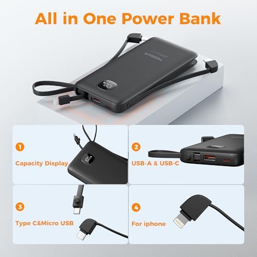 TESSAN 10,000 m Ah Portable Charger with Built-In Cables and Fast 20 W Charging – Compact Power Bank with Foldable Wall Plug for i Phone 16/15, Samsung, and Tablets – Essential Travel Companion for Uninterrupted Device Power