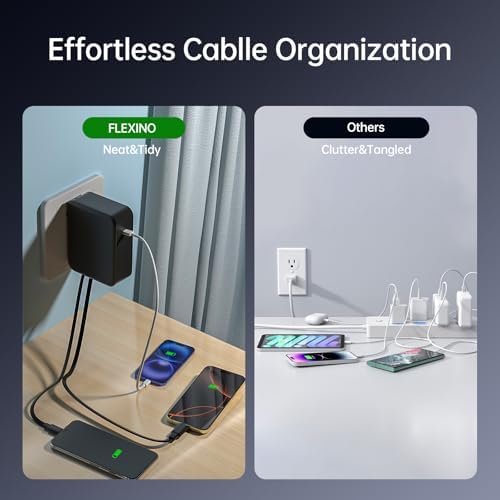 FLEXINO 35 W Ultra-Fast 3-Port Retractable Wall Charger – Essential Charging Hub for i Phone 12/13/14/15/16 Series with Dual 2.6 ft Cords – Compact, Portable, and Safe Power Solution for Home and On-the-Go Use – Experience Hassle-Free Charging Anywhere