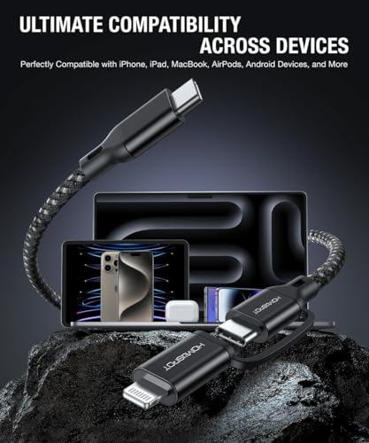 HomeSpot 2-in-1 USB-C to USB-C Cable with Lightning Connector (6.6ft), MFi Certified, 60W PD Fast Charging for iPhone 16/15/14 Series, iPad, MacBook, Galaxy S25 S24 – Enhanced Compatibility and Speed