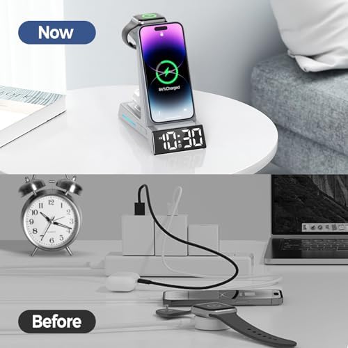 Revolutionize Your Charging Routine with the 4-in-1 Wireless Charging Station Featuring Alarm Clock – Ideal Dock for i Phone 16, 15, 14, 13, 12, 11, X, 8, Air Pods 3/Pro & Apple Watch Series 9-2 – Ultimate Speed & Compatibility for Modern Devices