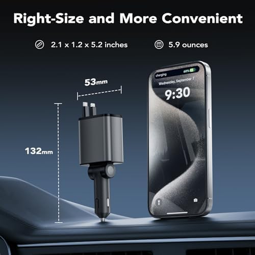 2025 Ultra-Compact 4-in-1 Retractable Car Charger – 69 W Fast Charging Adapter for i Phone 16, Galaxy and More – Innovative Space-Saving Design with Multiple Ports for Simultaneous Device Powering – Essential Car Accessory for Daily Commutes and Road Trips