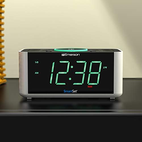 Elevate Your Morning Routine with the Emerson ER100202 Smartset Dual Alarm Clock Radio – Bluetooth-Enabled, USB Charging Port, and Qi Wireless Charger for Effortless Device Power – Stylish and Functional Addition to Your Bedside or Office Setup