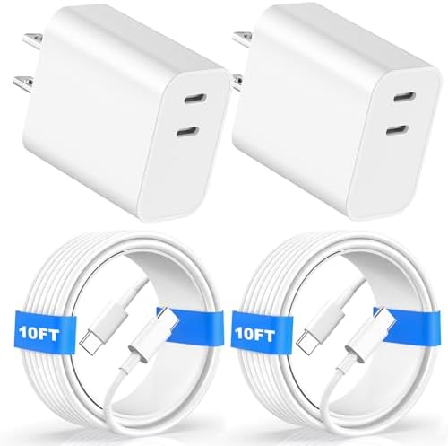 20 W Dual USB-C Fast Charger Block for i Phone 15/16 Series – Includes Two 10 FT USB-C Charging Cables, Perfect for Pro Max, Plus, Pro, i Pad Pro/Air – Compact, High-Speed Charging Solution (2 Pack, Black)