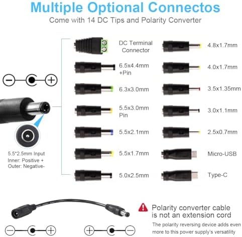 Versatile 72 W Adjustable AC/DC Power Adapter with 14 Interchangeable Tips – Universal Charger for 3 V-24 V Devices, Fast Charging Solution for Laptops, Routers, and Cameras, Compact and Durable Power Supply for Home and Office Use