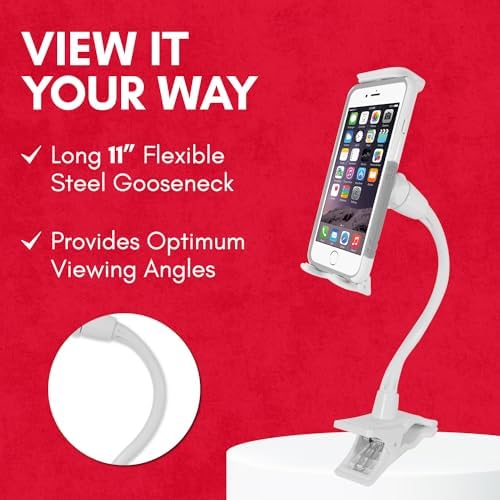 Innovative Macally Clip-On Tablet Holder | Adjustable Gooseneck Mount for Seamless i Pad, Kindle & Smartphone Use | Versatile Clamp Design for Bed, Desk, Stroller & Travel | Universal Fit with 360-Degree Rotation for Enhanced Viewing | Lightweight & Durable Tablet Stand for Effortless Mobility