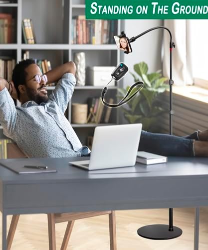 Phone Overhead Stand, Gooseneck Phone Floor Stand, Tall Video Cell Phone Mount with Height Adjustable Stand, Heavy Base, 360 Head, Works with iPhone 16, 16 Pro Max, 16 Plus, 15, 14, 13 – Enhanced Compatibility and Speed