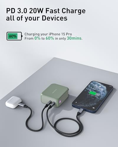 2-in-1 Hybrid Power Bank & Ga N Charger | 5000 m Ah Portable Fast Charging Solution | 20 W USB-C Dual Ports for Mac Book, Dell, i Phone, Samsung, Switch | Stylish Lake Azure & Goose Yellow Design | Ultimate Device Compatibility & Efficiency