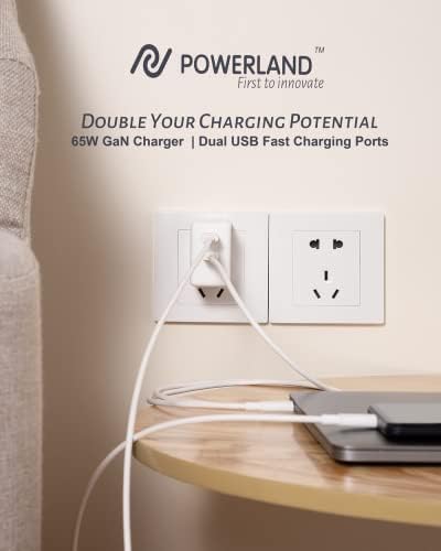 Powerland 65 W Ga N USB C Charger – Dual Port Fast Charging Adapter for Mac Book Pro/Air, i Pad Pro, Google Pixelbook, i Phone 13/14/15 & Surface Book 2 – Compact, Efficient, and Safe Power Solution with Thermal Management and Smart Power Sharing