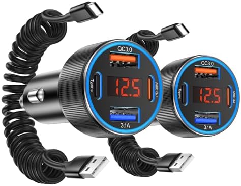 4-Port Fast Charging Car Charger for i Phone 16 & 15 Pro Max – Besgoods USB-C Adapter with Integrated Voltmeter & 3 ft Retractable Cable for Galaxy S24 & A15 Android – Ultimate Travel Charging Solution